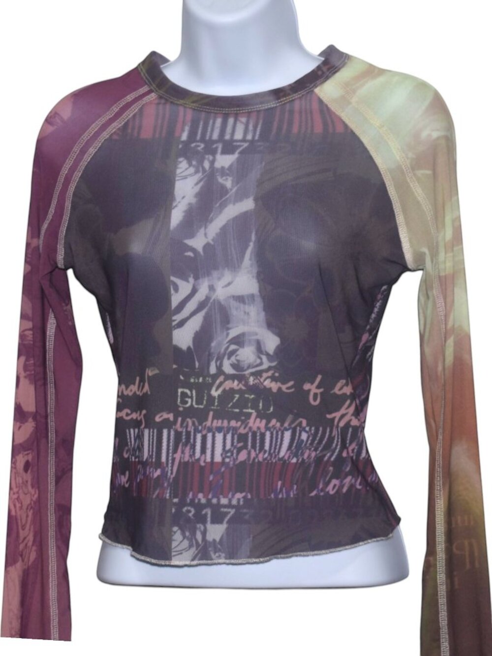Danielle Guizio GUIZIO Sheer Mesh Long Sleeve Top M Graphic Colorblock Y2K